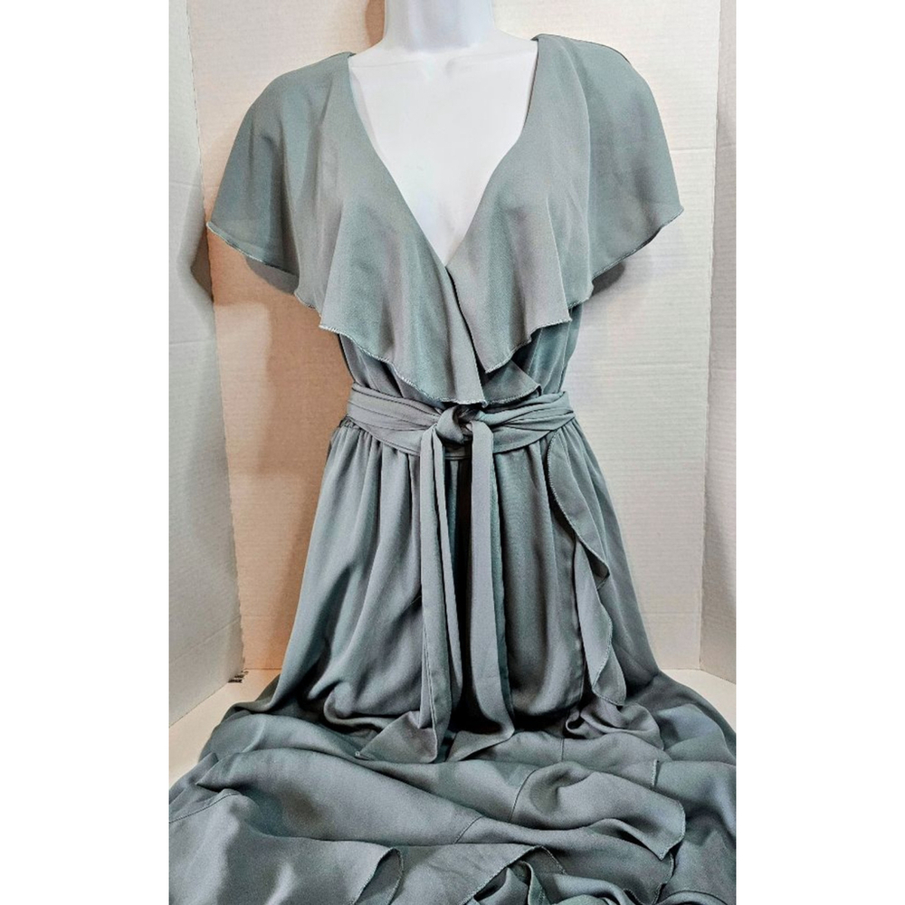 Show Me Your MuMu Jess Ruffle Midi Dress, M, Silver Sage, Waist Tie Belt